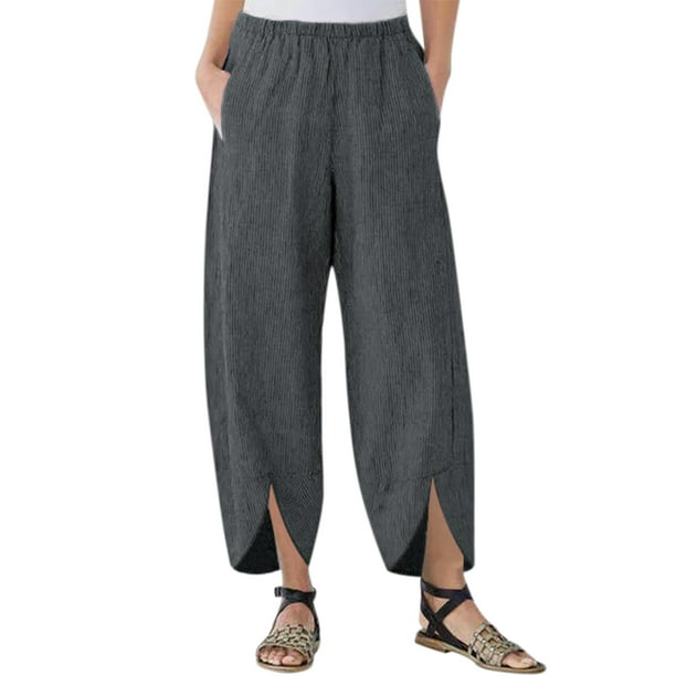Women's Summer Pants Cotton Elastic Waist Culotte Palazzo Trouser Wide Leg Plus